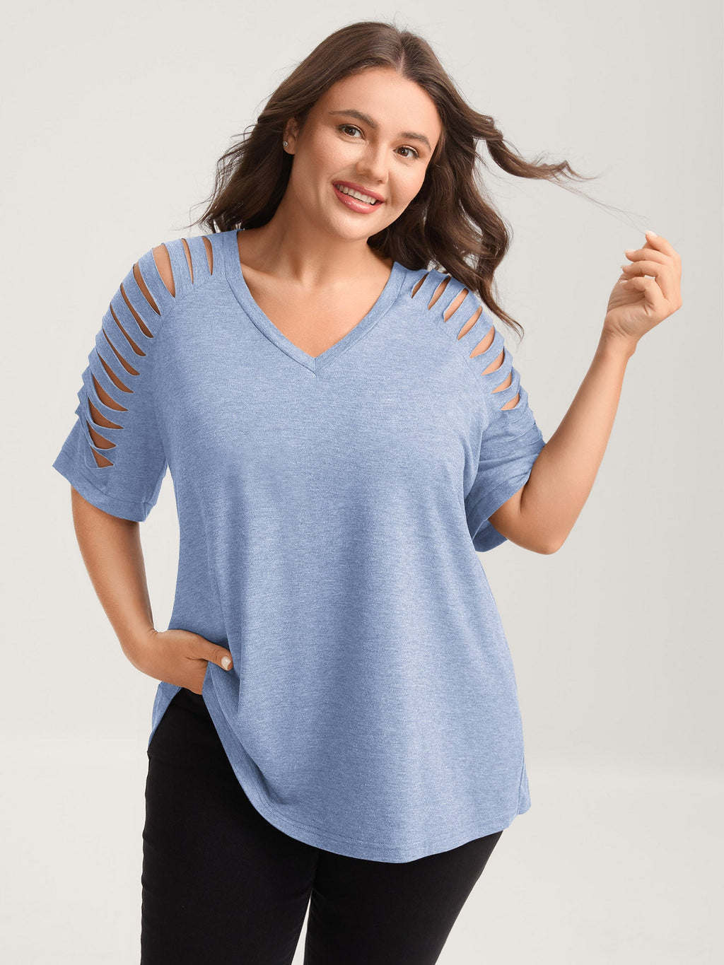 Cut-Out Sleeve V Neck T-Shirt