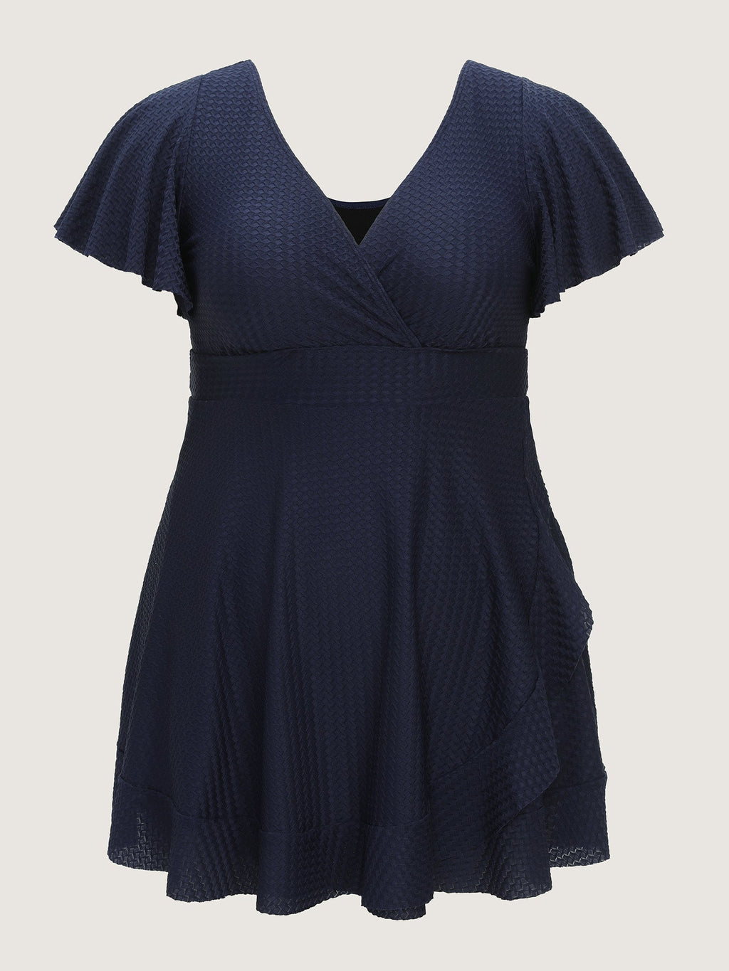 Textured V-Neck Ruffled Sleeve Swim Dress