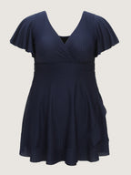 Textured V-Neck Ruffled Sleeve Swim Dress