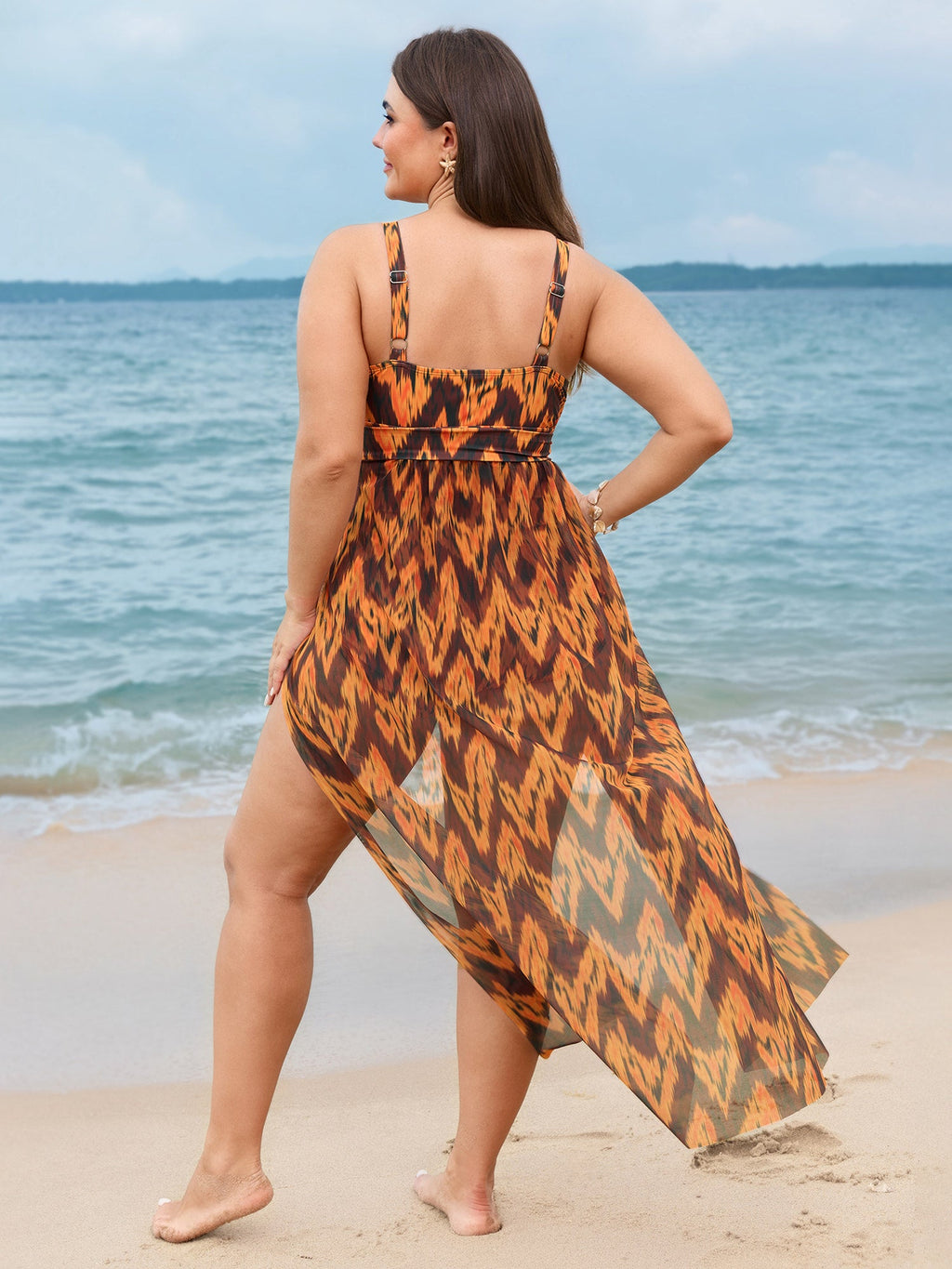 Sarong Geometric Print One-Piece Swim Set