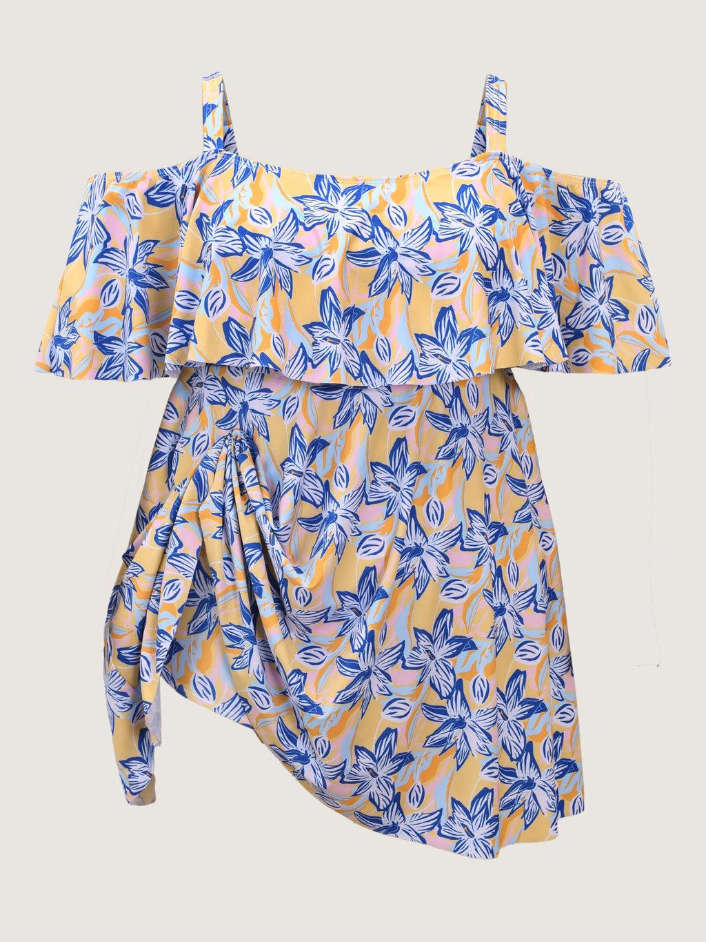 Floral Ruffle Trim Off Shoulder Pockets Swim Dress