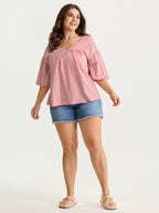 Cotton Striped V-Neck Bubble Sleeve Blouse