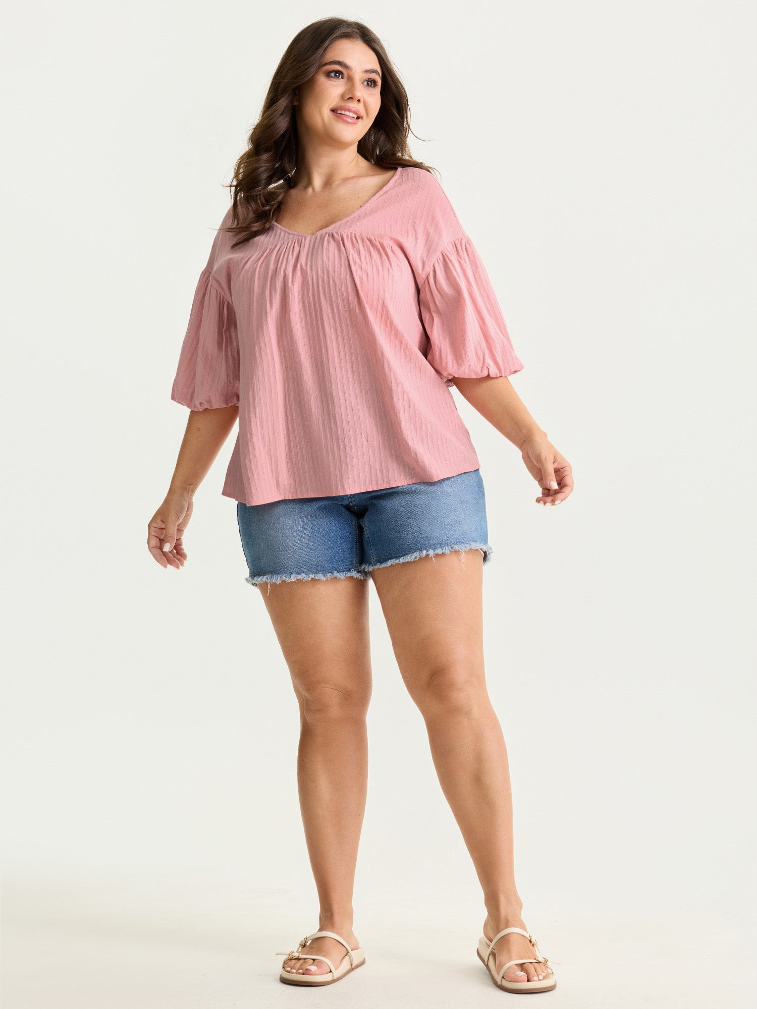 Cotton Striped V-Neck Bubble Sleeve Blouse