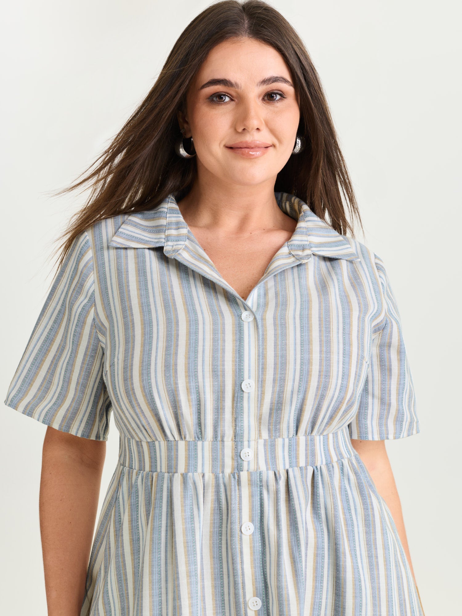 Cotton Linen Blend Striped Print Midi Dress