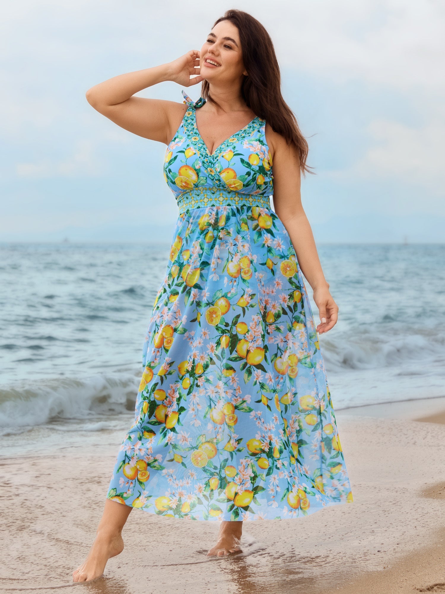 Two-Piece Citrus Print Sarong Swimsuit