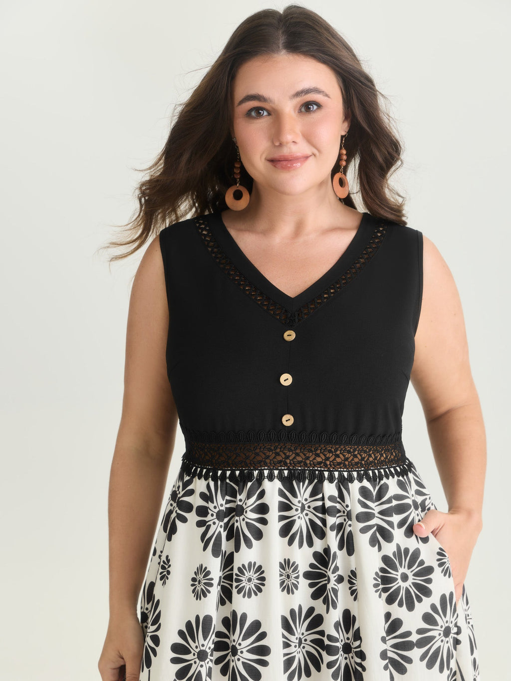 Floral Sheer Lace Trim Contrast Midi Dress