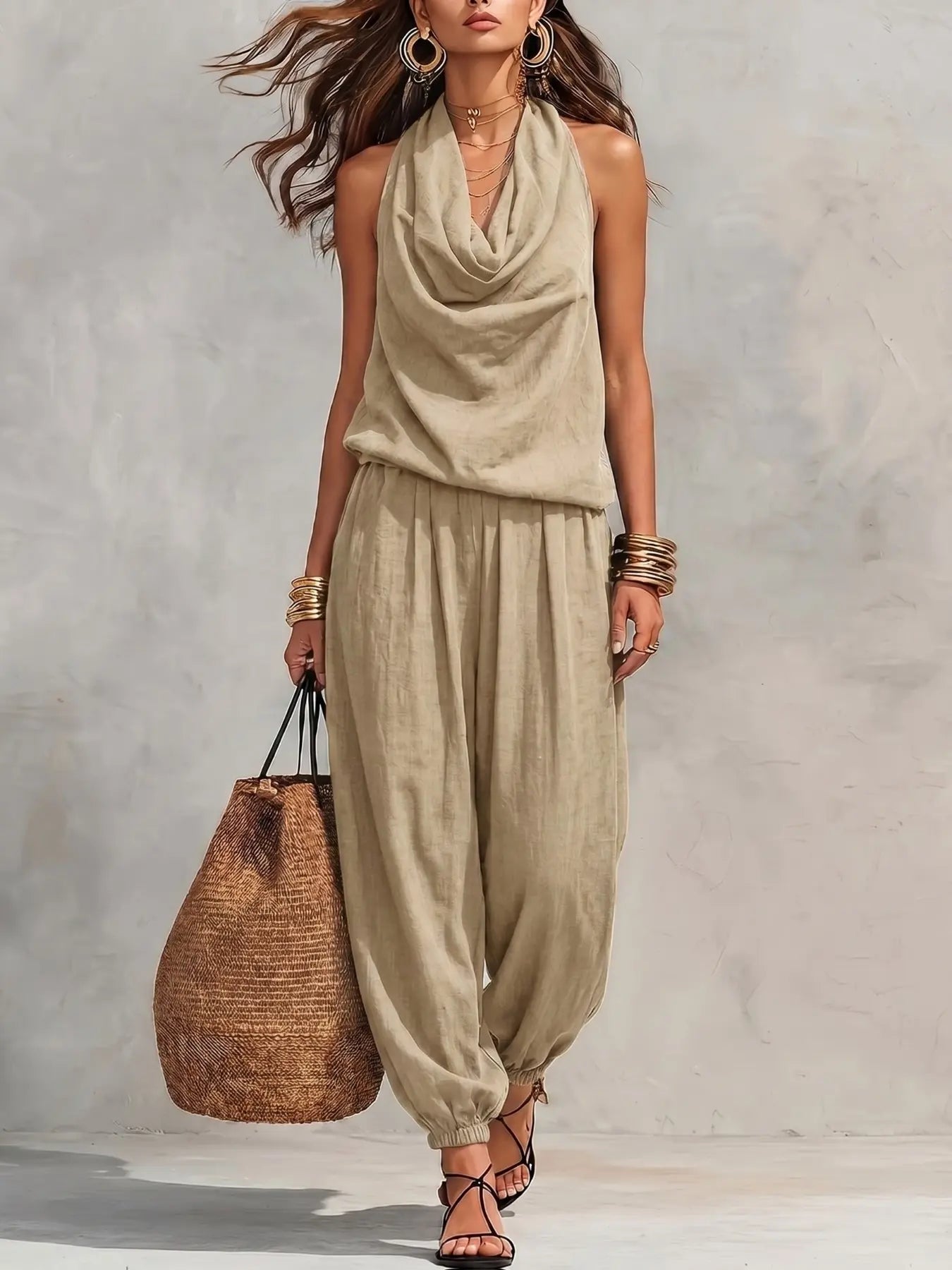 Women's Halter Neck High-Waisted Wide-Leg Pants Set, Loose Sleeveless Breathable Two-Piece, Casual Summer Fashion