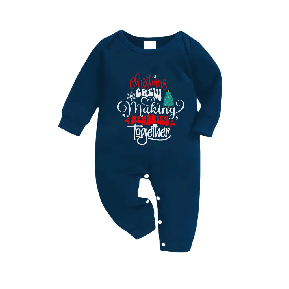 Christmas Family Matching Pajamas-Navy & Sky Blue Plaid Pjs Set with "Christmas Crew Making Memories Together" Artistic Font Print