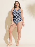 Geometric Print Waist-Tie One-Piece Swim