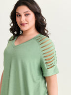 Cut-Out Sleeve V Neck T-Shirt