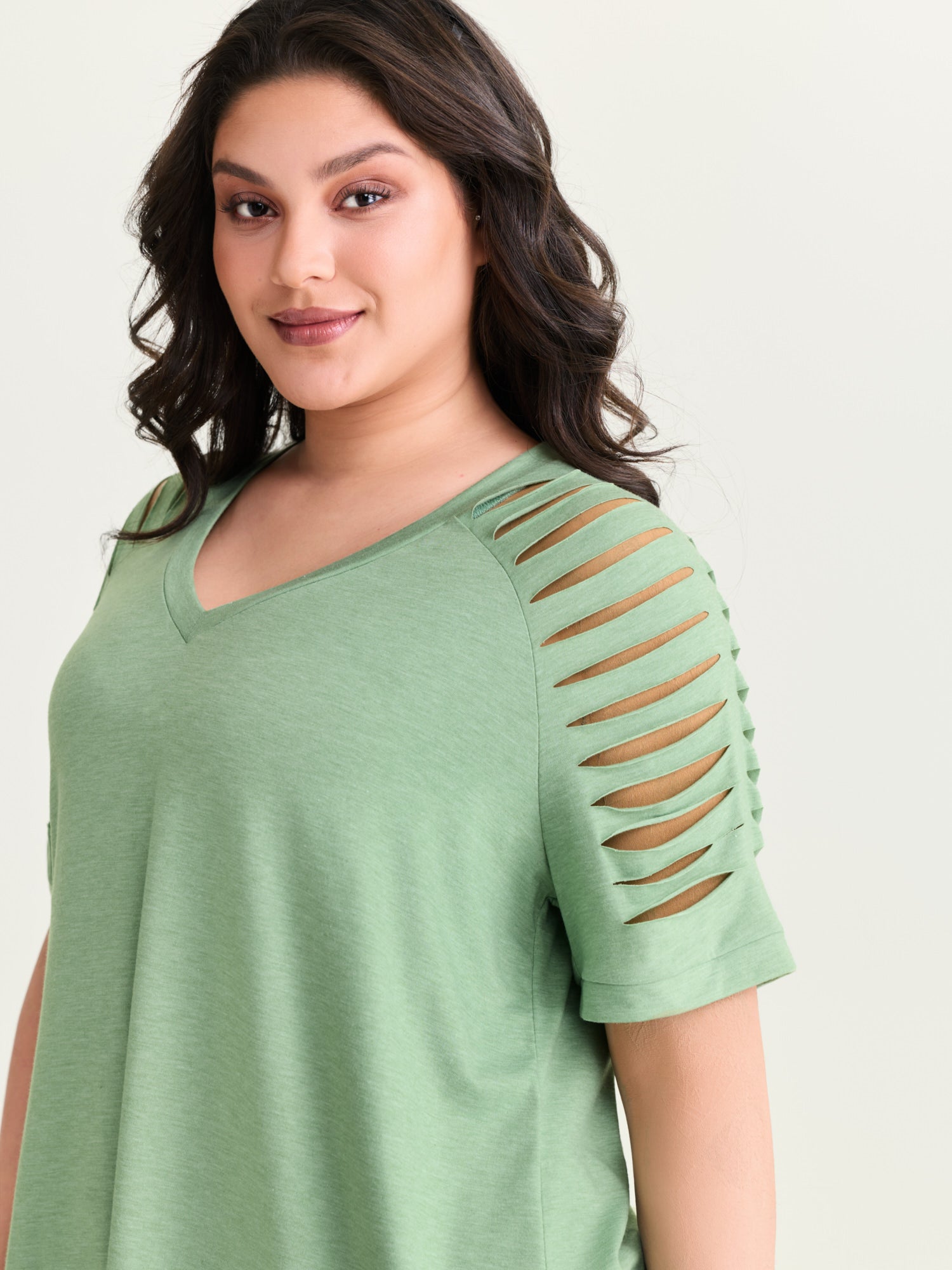 Cut-Out Sleeve V Neck T-Shirt