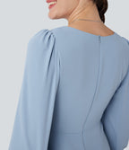 V Neck 3/4 Sleeve Pleated High Low Midi Casual Dress