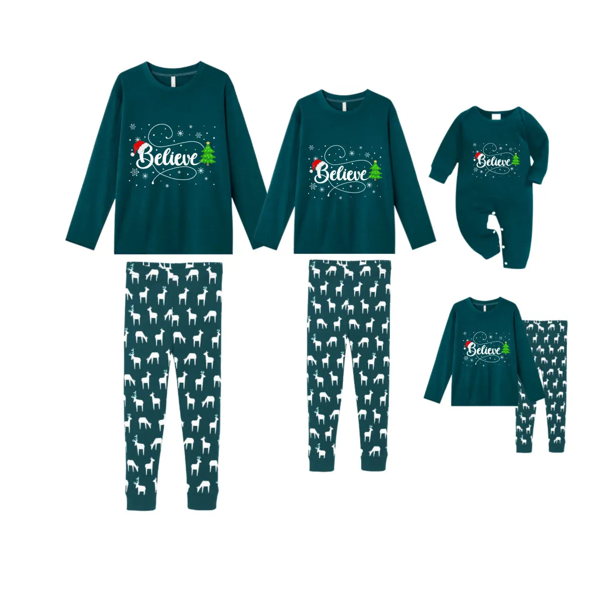 Christmas Family Matching Pajamas-Dark Green&Deer Patterned Pjs Set with Santa Hat and “Believe” Letter Print