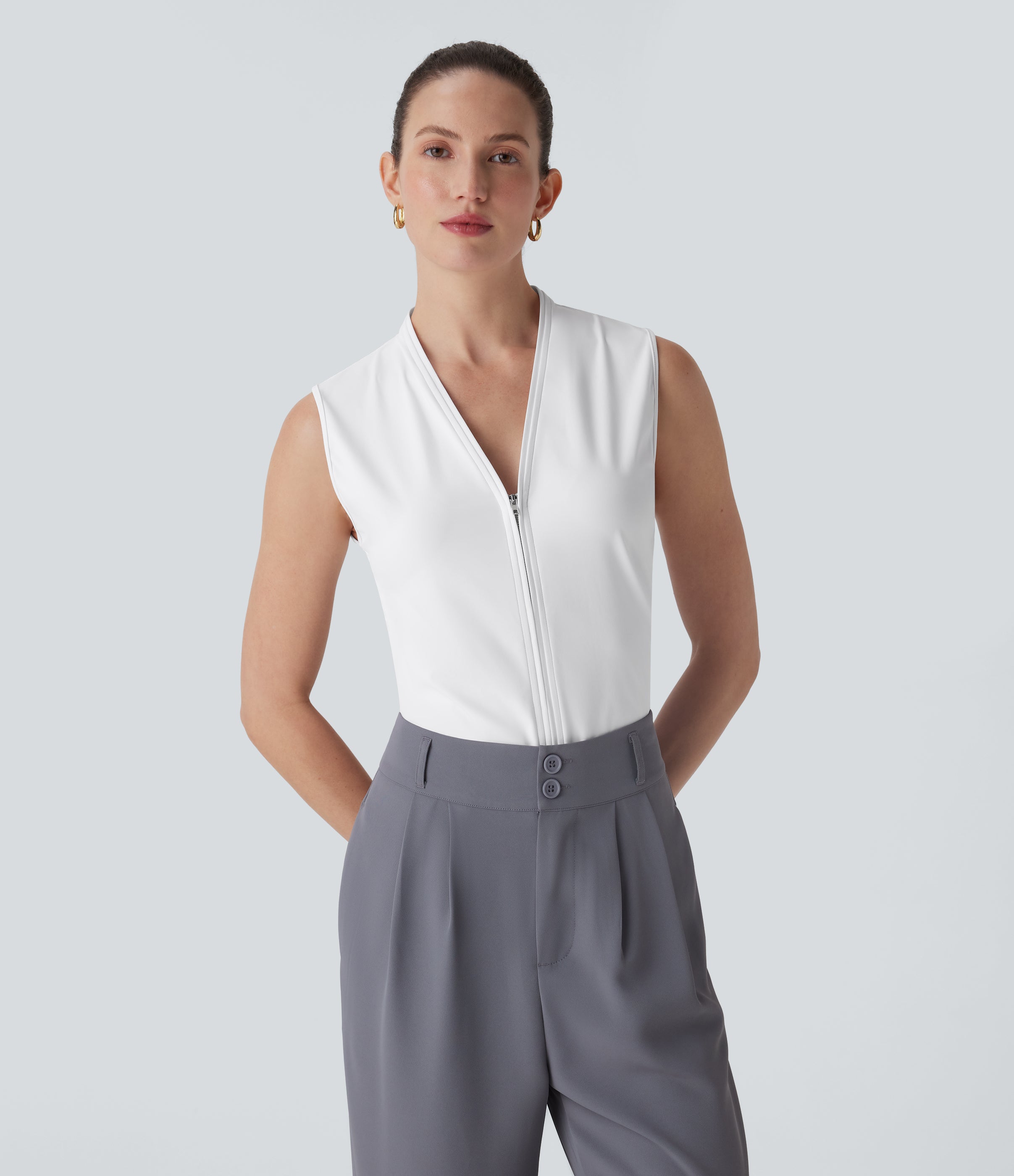SoftlyZeroTM Airy V Neck Zipper Sleeveless Cool Touch Work Blouse-UPF50+