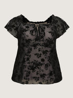 Flocked Floral Drawstring Neckline Knit Top