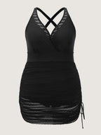 Lace Mesh Trim Adjustable Drawstring Swim Dress