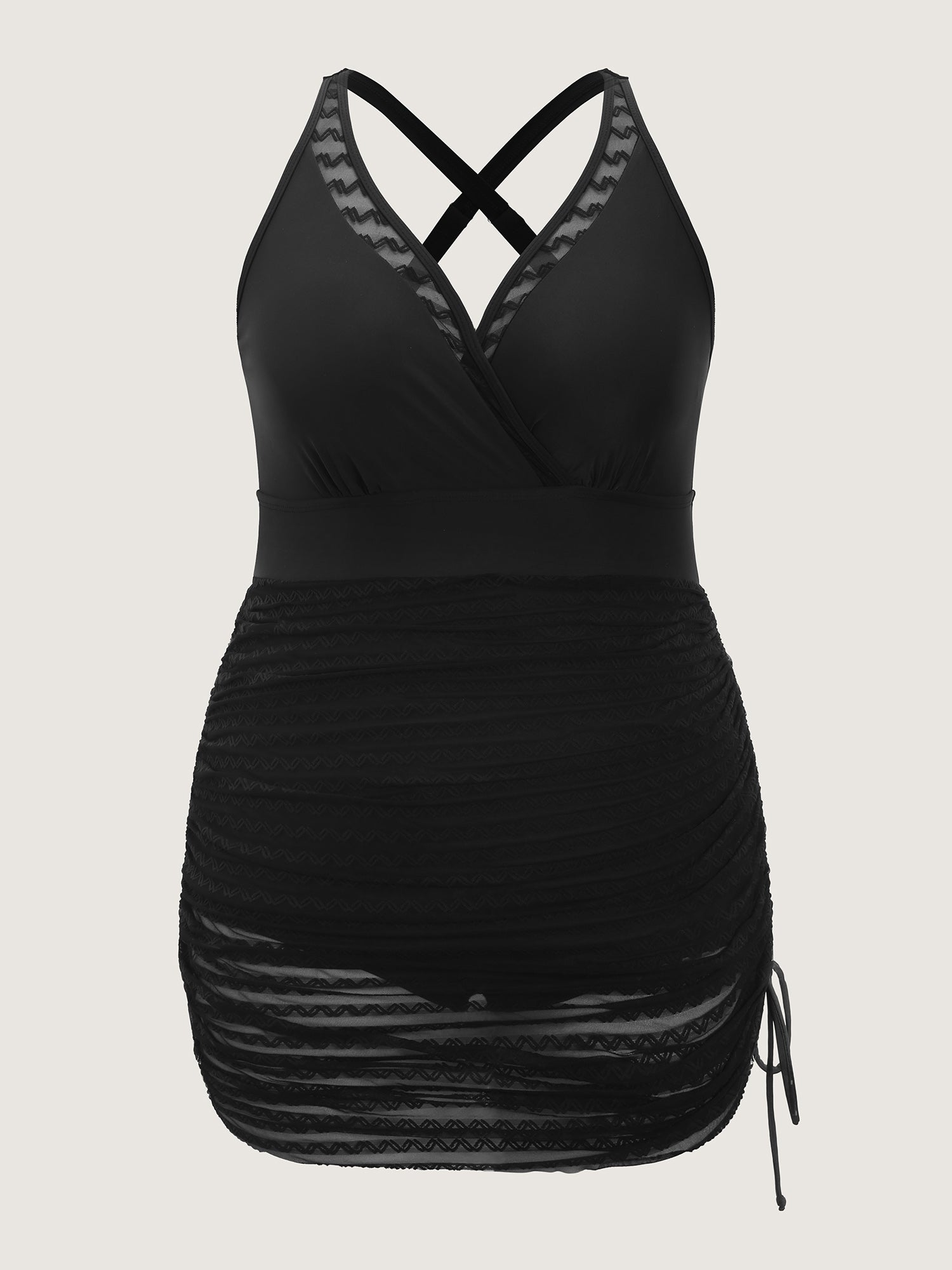 Lace Mesh Trim Adjustable Drawstring Swim Dress