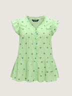 Cotton Anchor Print Lace Ruffled Sleeve Blouse