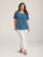 Cotton Square Neck Ruffled Sleeve Shirt