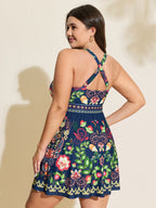 Tropical Floral Print Pockets Swim Dress