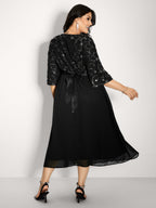 Sequin Floral Tulle Shirred Waist Midi Dress