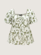 Cotton Floral Print Ruched Bubble Sleeve Blouse