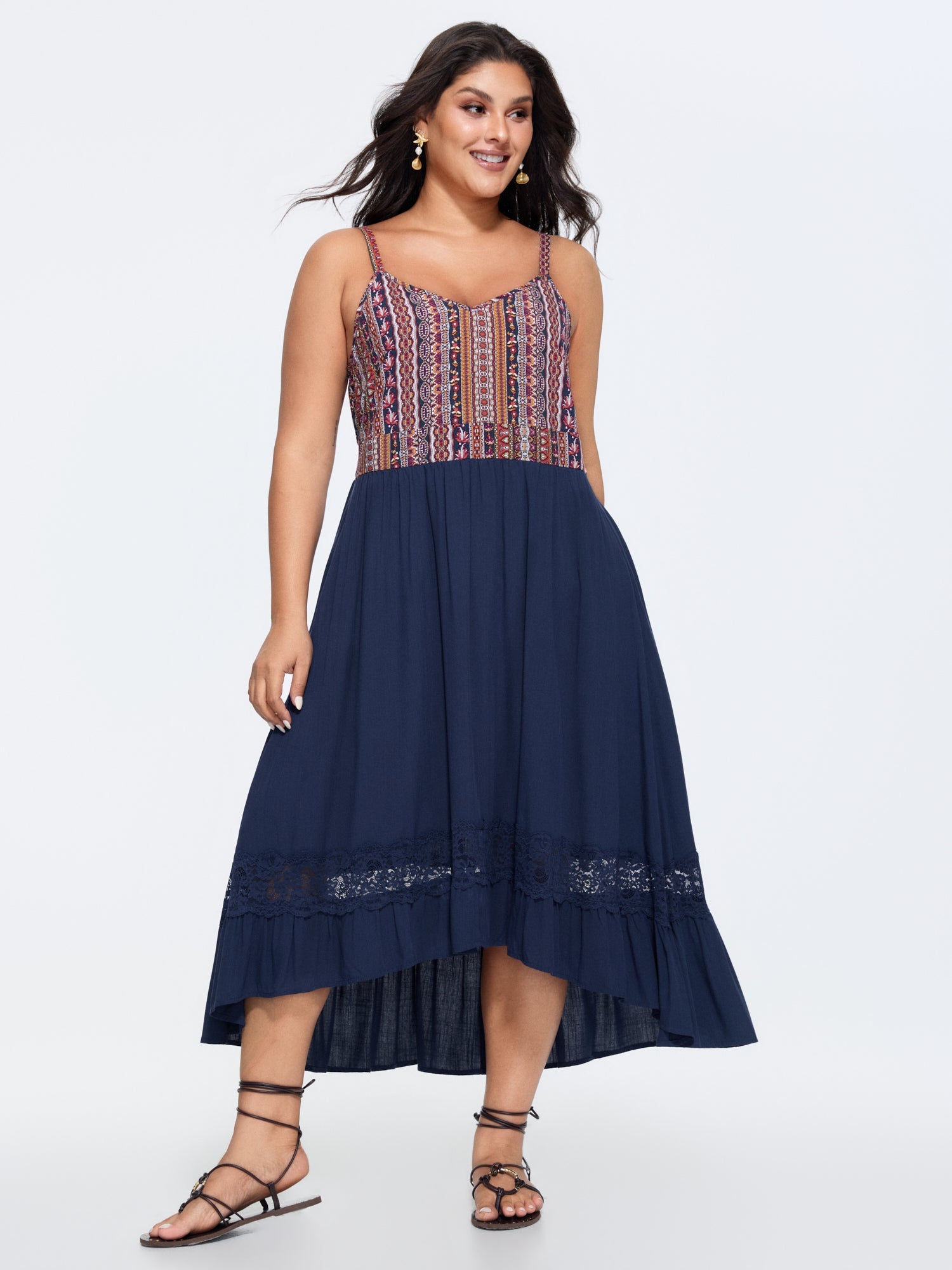 Boho Striped Lace Trim Midi Dress