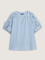 3D Floral Sleeve Spliced Flowy Blouse