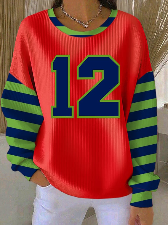 Women's Rugby Print Knit Crew Neck Long Sleeve Top