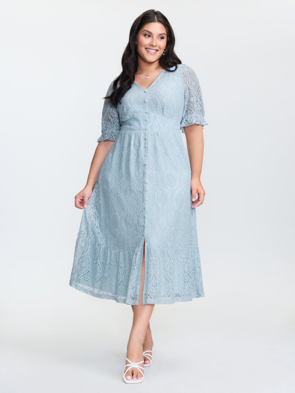 Lace Trim Shirred Button Detail Midi Dress