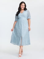 Lace Trim Shirred Button Detail Midi Dress