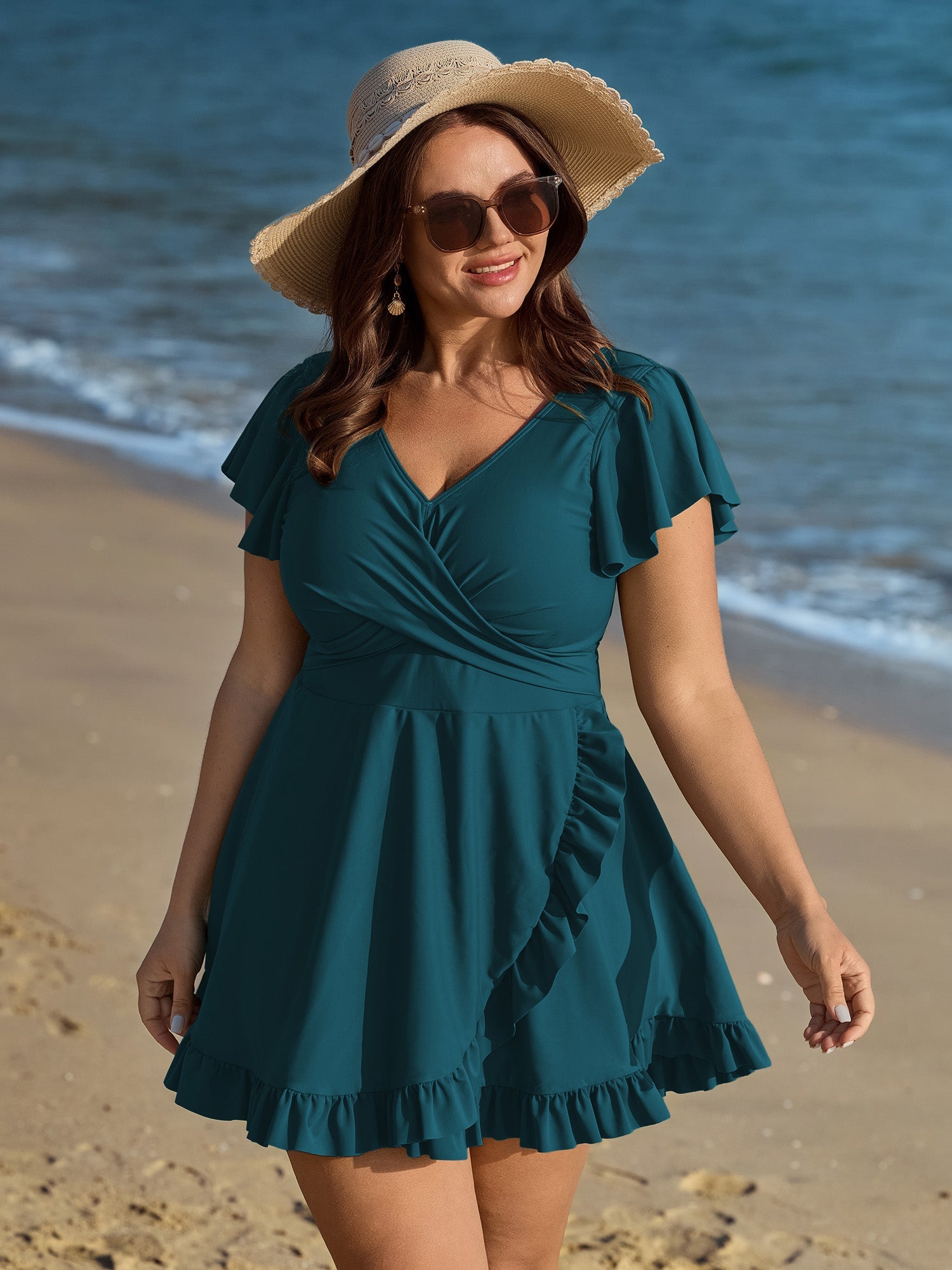 Ruffled Sleeve Curvy Hem Swim Dress