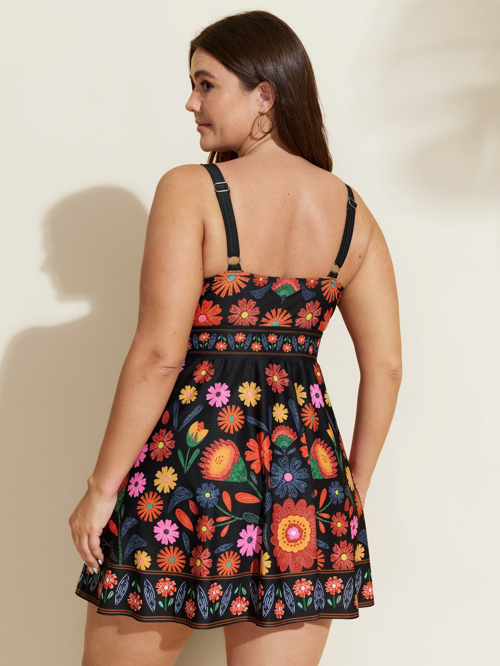 Floral Surplice Neckline Pockets Swim Dress