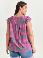 Colorful Striped Print Flutter Sleeve Blouse