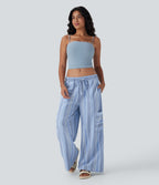 Low Rise Drawstring Wide Leg Stripe Casual Linen-Feel Pants with Pockets