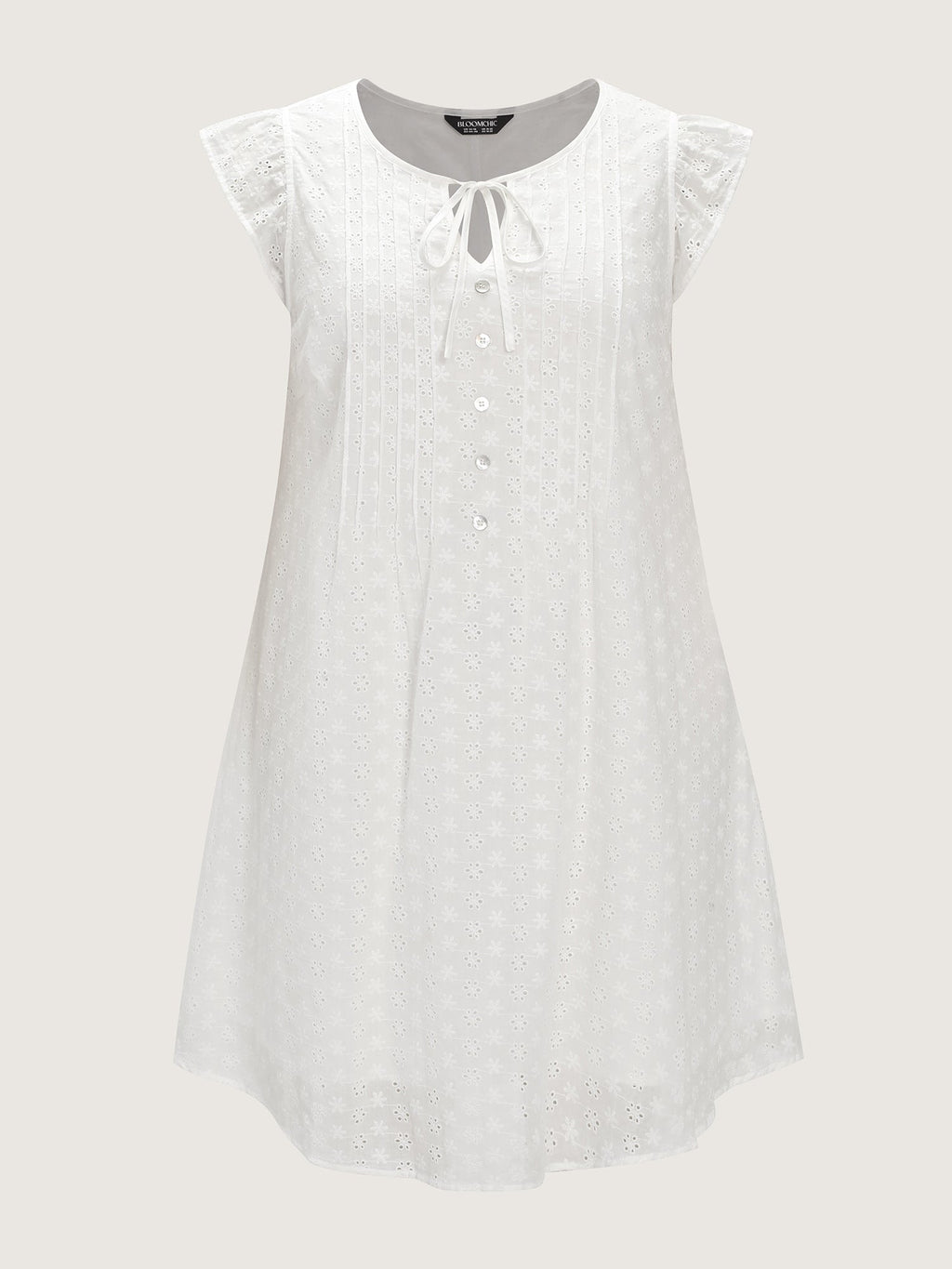 Cotton Eyelet Trim Neck-Tie Pleated Mini Dress