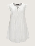 Cotton Eyelet Trim Neck-Tie Pleated Mini Dress