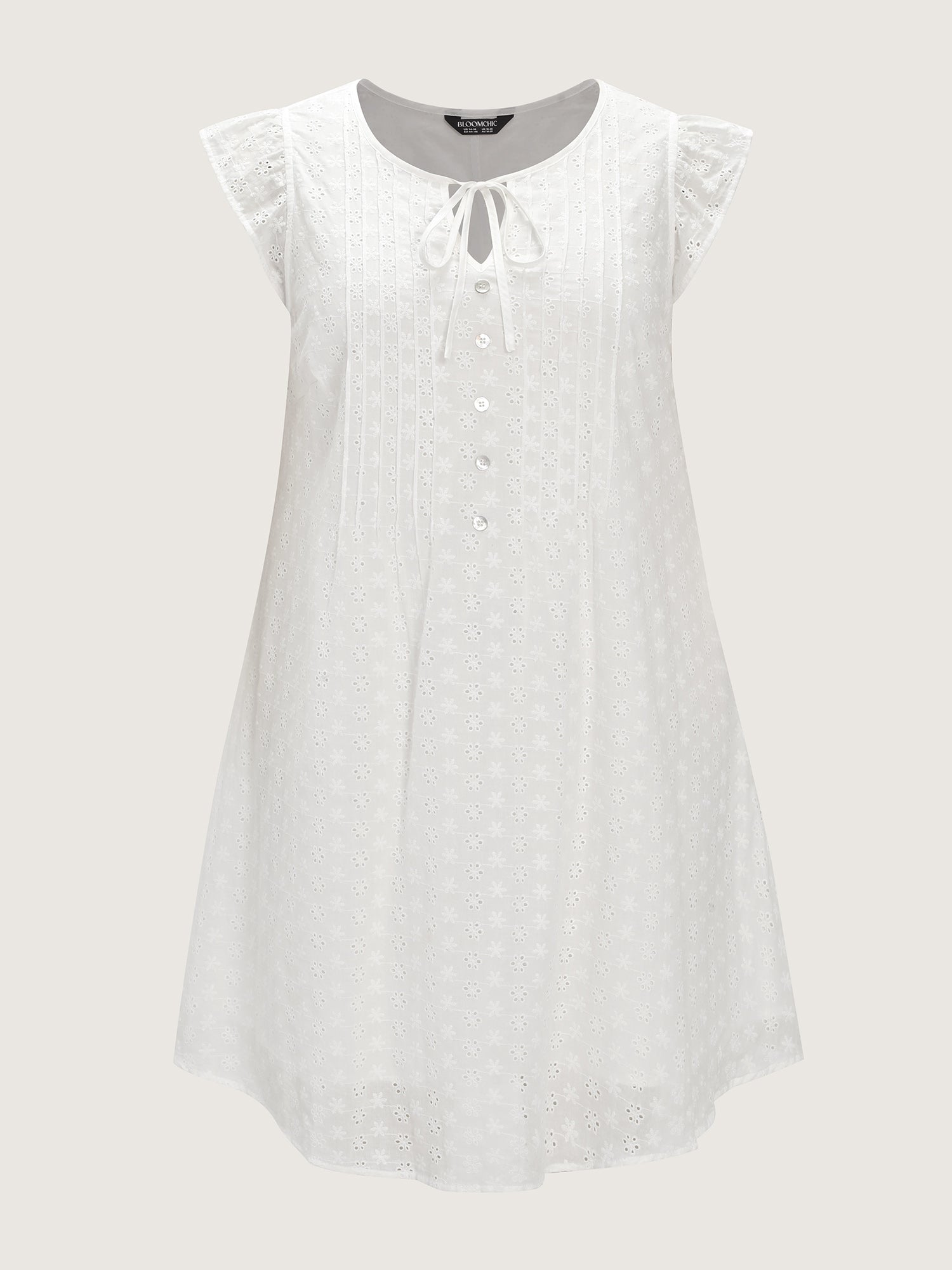 Cotton Eyelet Trim Neck-Tie Pleated Mini Dress