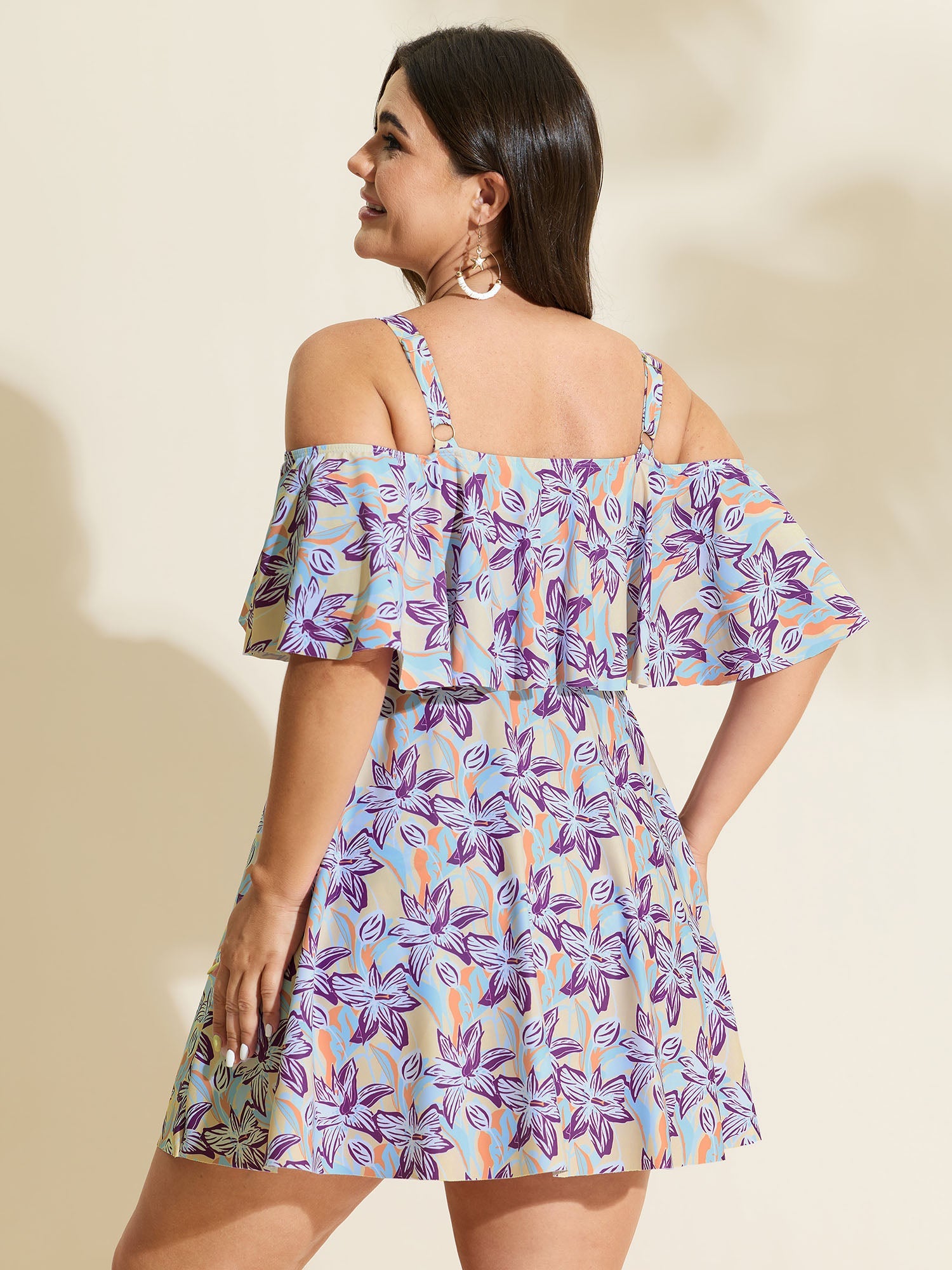 Floral Ruffle Trim Off Shoulder Pockets Swim Dress