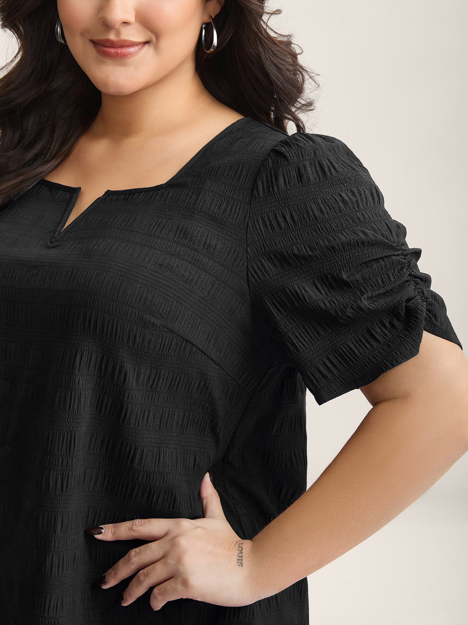 Textured Gathered Sleeve Split Neck Blouse