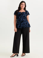 Flocked Floral Drawstring Neckline Knit Top