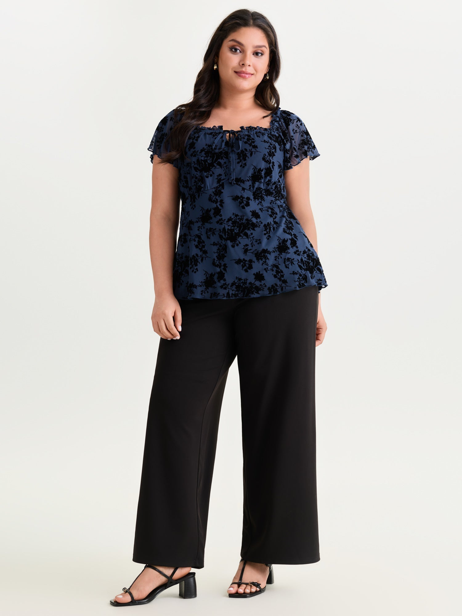 Flocked Floral Drawstring Neckline Knit Top