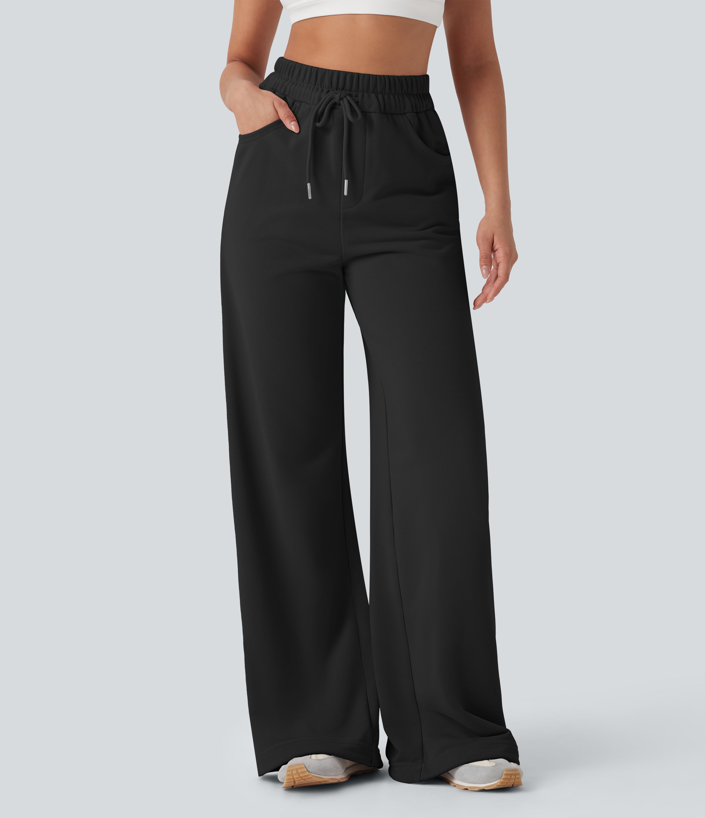 High Waisted Drawstring Cinchable Hem Wide Leg Casual Pants with Pockets