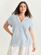 Cotton Striped Print Pockets Curvy Fit Blouse