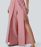 High Waisted Stripe Wide Leg Linen-Feel Pants with Pockets