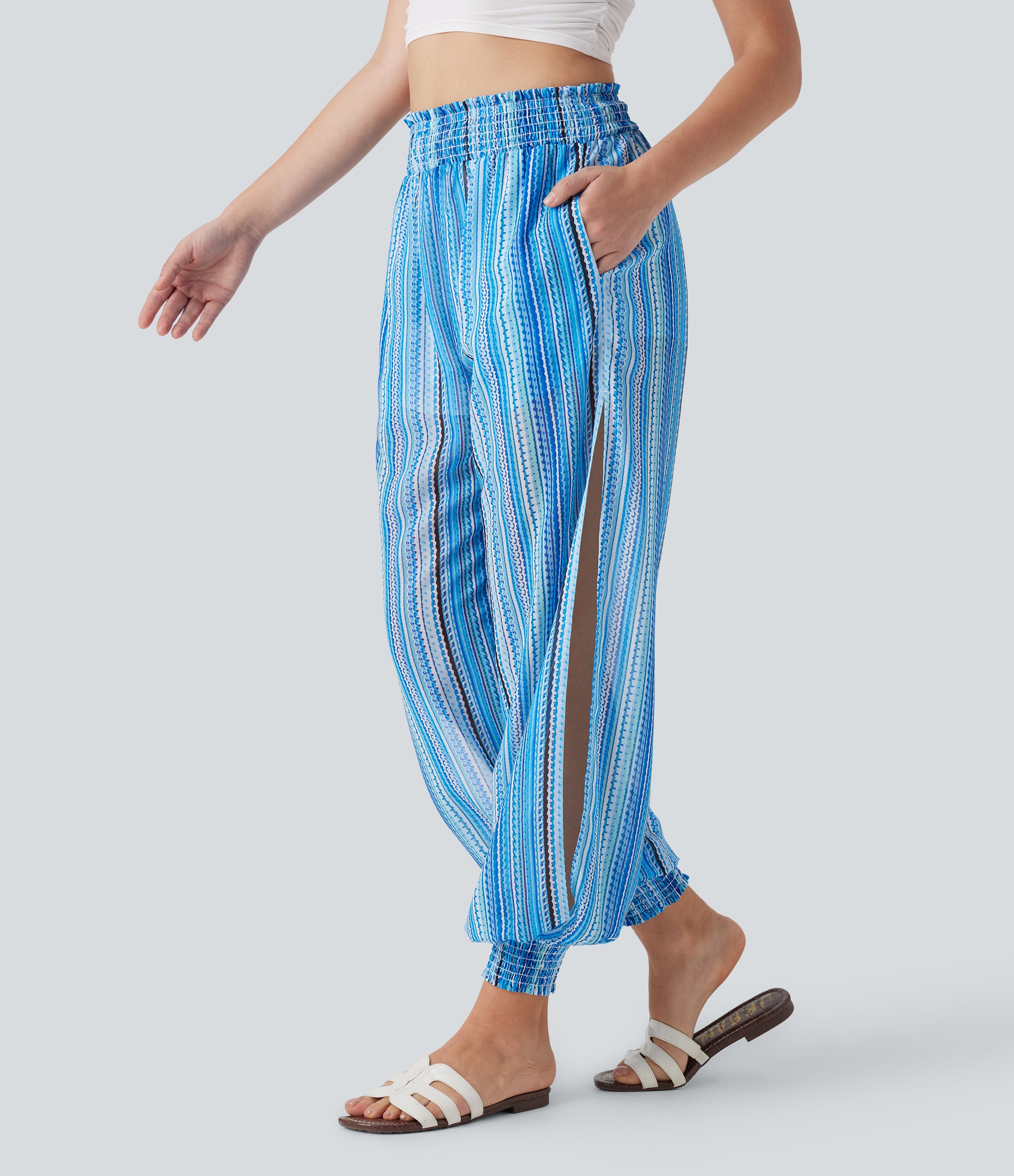 High Waisted Shirred 2-in-1 Stripe Casual Joggers with Pockets