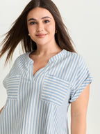 Cotton Striped Print Pockets Curvy Fit Blouse