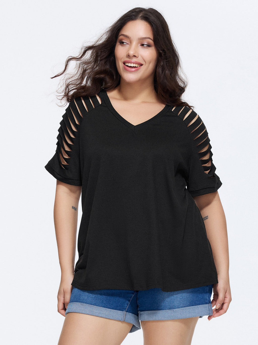 Cut-Out Sleeve V Neck T-Shirt