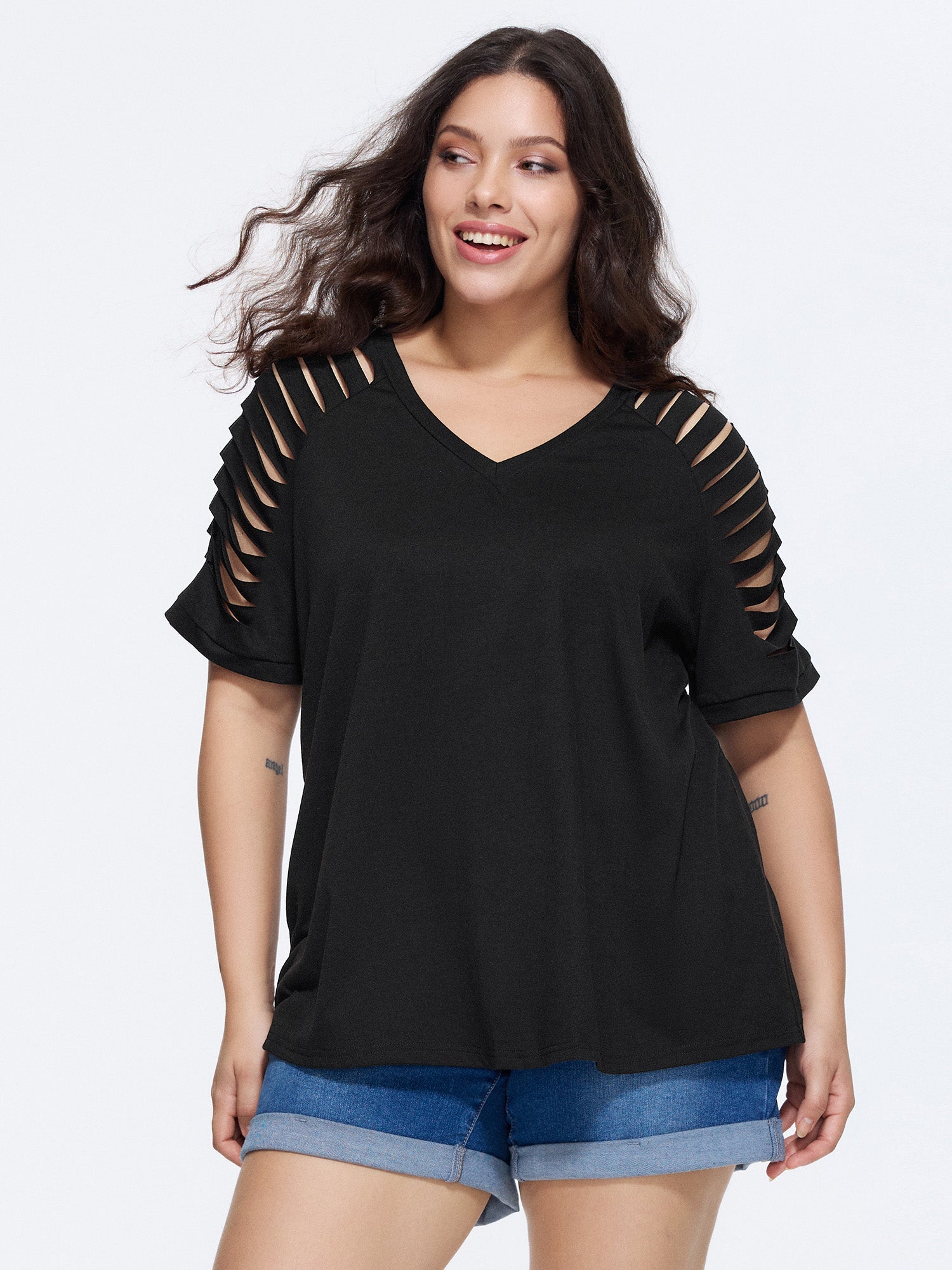 Cut-Out Sleeve V Neck T-Shirt