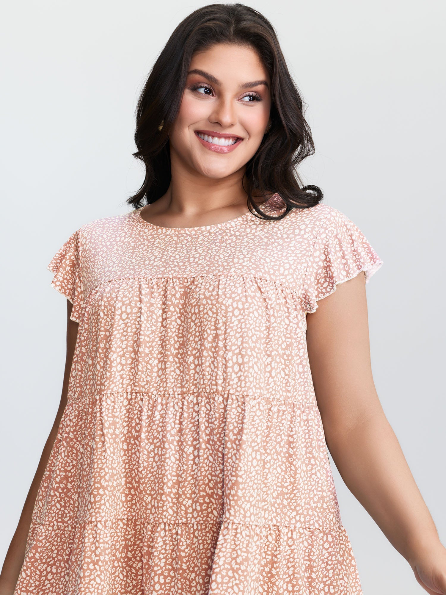 Leopard Print Tiered Flutter Sleeve Knit Top